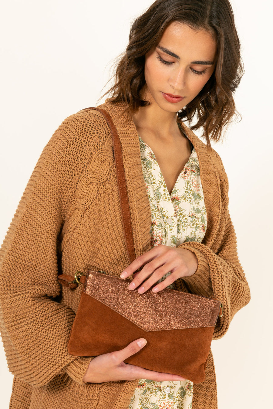 Sac Pochette cuir bi-matière, Lilas
