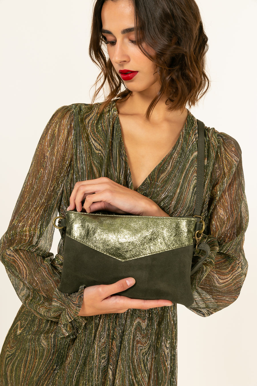 Sac Pochette cuir bi-matière, Lilas