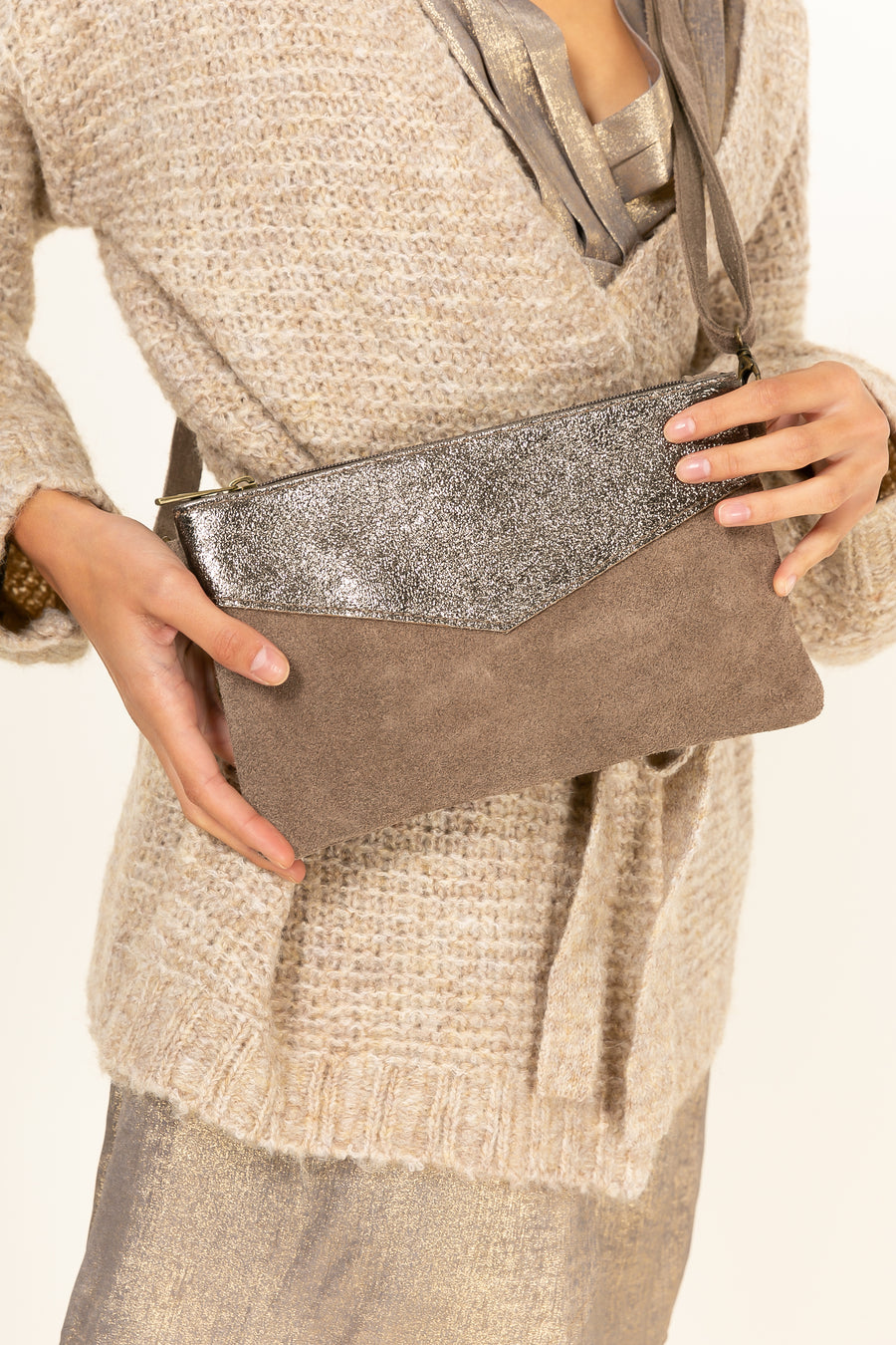 Sac Pochette cuir bi-matière, Lilas