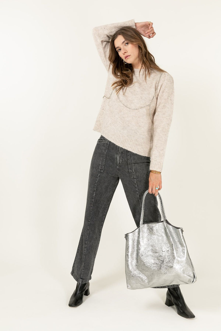 Sac cabas cuir, Amy métal - Argent