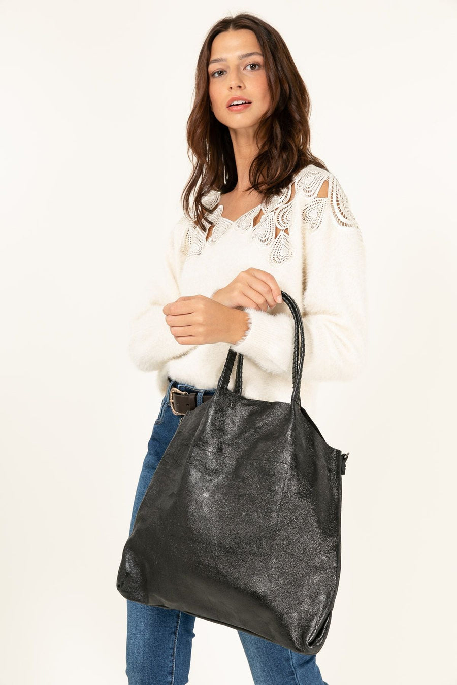 Sac cabas cuir, Amy métal - Noir métal