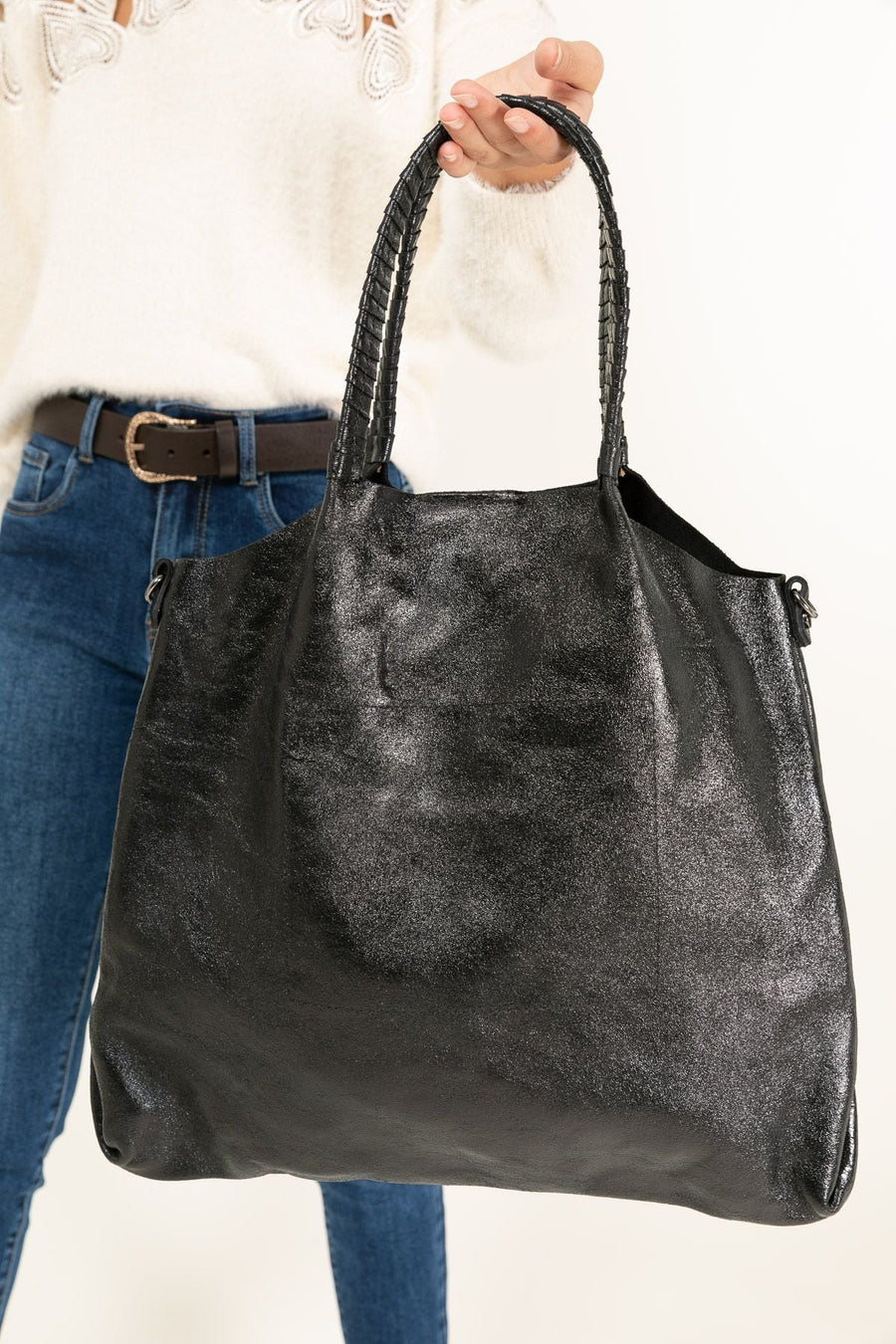 Sac cabas cuir, Amy métal - Noir métal