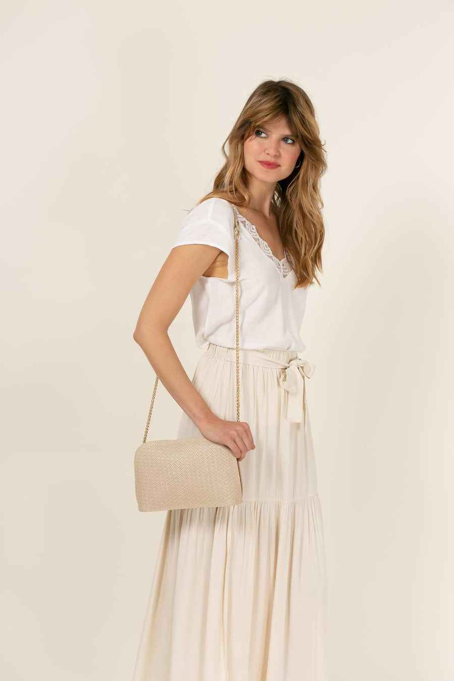 Sac bandoulière cuir, Deborah tressé - Beige