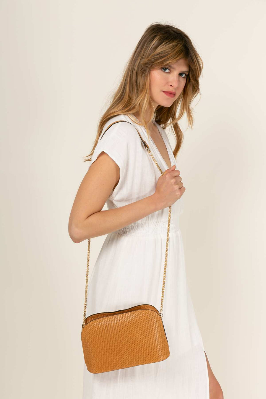 Sac bandoulière cuir, Deborah tressé - Camel